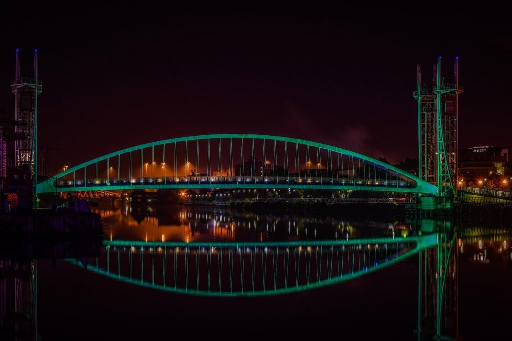 bridge, manchester, reflection